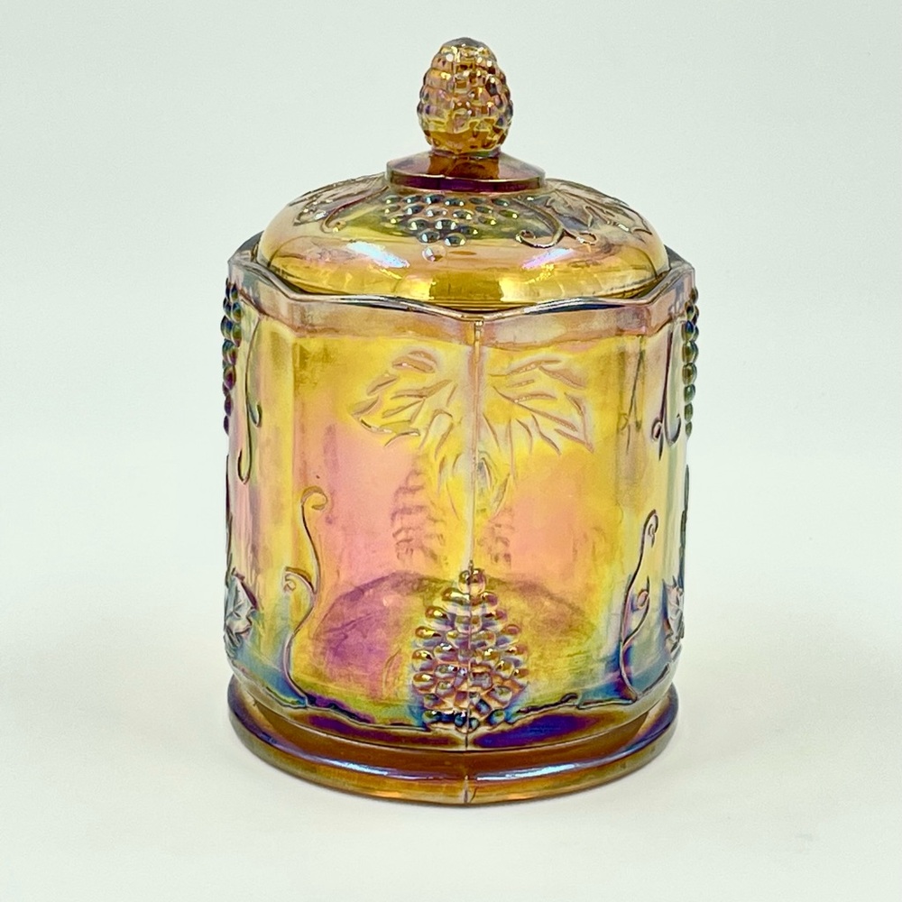 Vtg Indiana Iridescent Carnival Glass Harvest Grape Marigold Cookie/Biscuit Jar